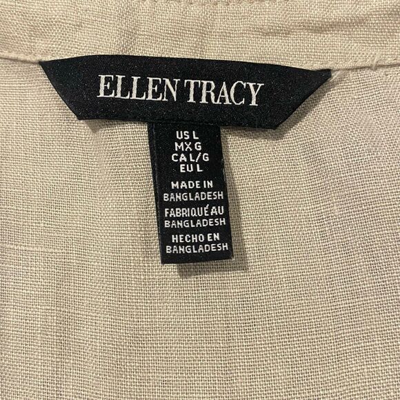 Ellen Tracy Cream Scoop Neck 1/4 Zip Linen Blouse Top Roll Tab 3/4 Sleeve Size L - Picture 11 of 12